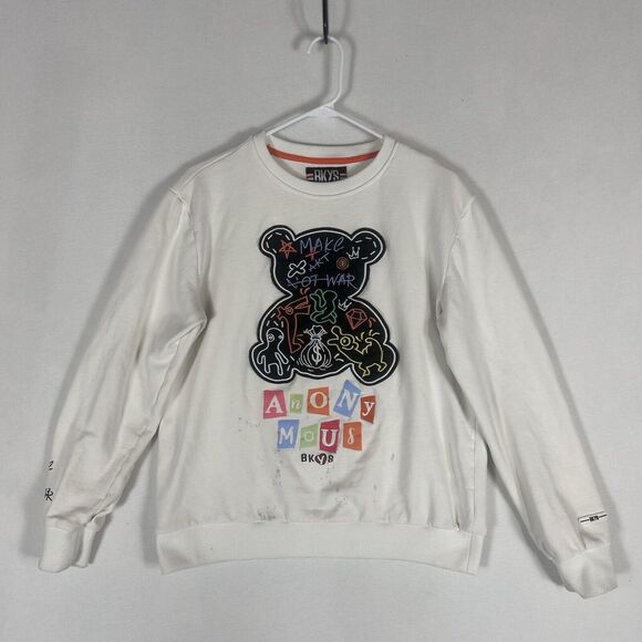 BKYS Embroidered Teddy Bear Anonymous Sweatshirt Mens Medium L/S White STAINED - Picture 1 of 15